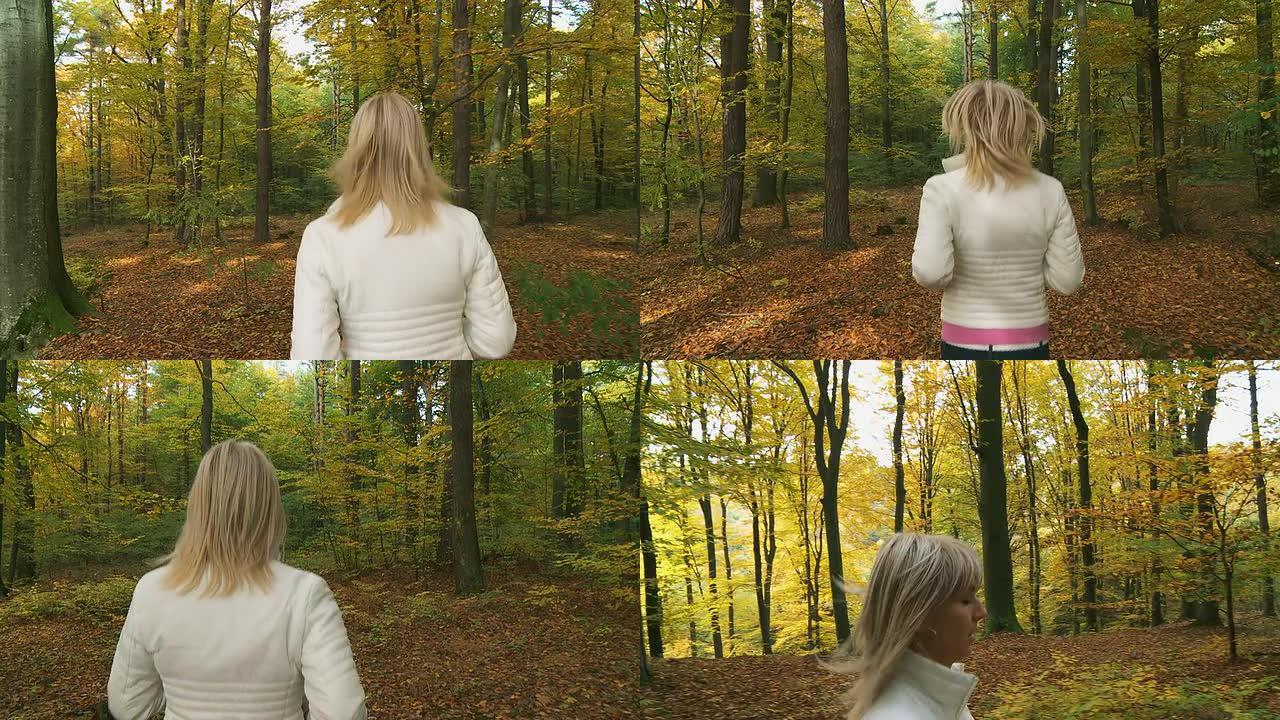 高清稳定镜头：女人在森林里奔跑