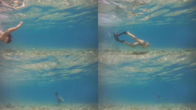 HD：游泳运动员在浅水中浮潜