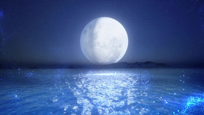 唯美月亮圆月湖面唯美场景-循环