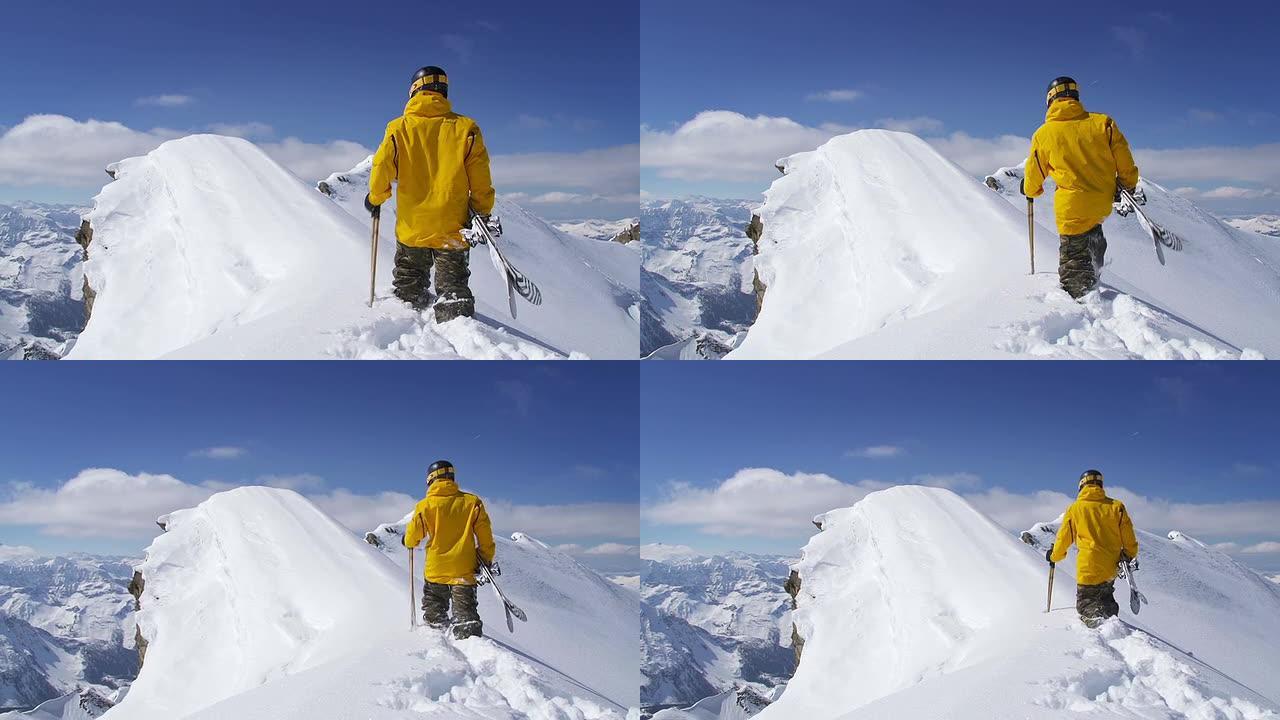 山脊上的滑雪者滑雪滑冰雪运动冬天体育