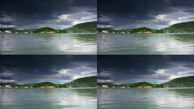 湖上的彩虹流动河水大海景色彩虹拍摄