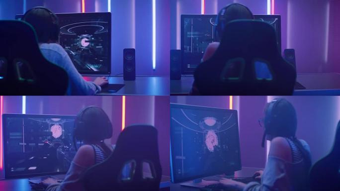 美丽的职业玩家女孩在她的个人电脑上玩第一人称射击在线视频游戏。戴眼镜和耳机的休闲可爱极客。霓虹灯室。
