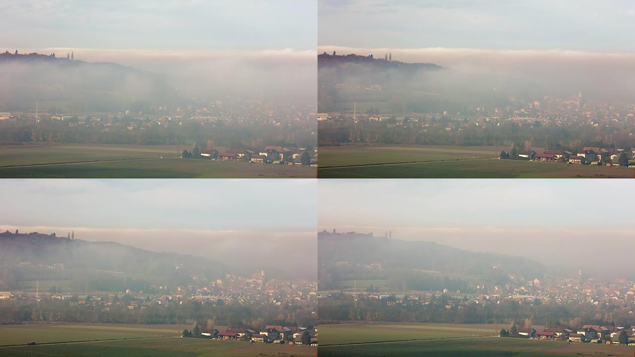 雾中的一个小镇Ljutomer的T/L 8k拍摄