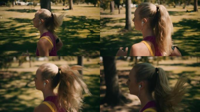 女子在公园慢跑外国美女耳机音乐健身奋斗