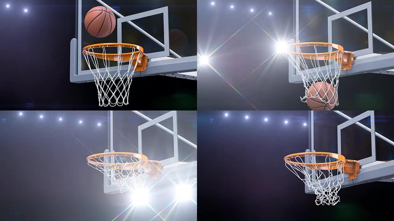 美丽的篮球球击中篮网慢动作特写照片闪烁。球飞在体育场灯光下旋转篮球架。运动概念3d动画
