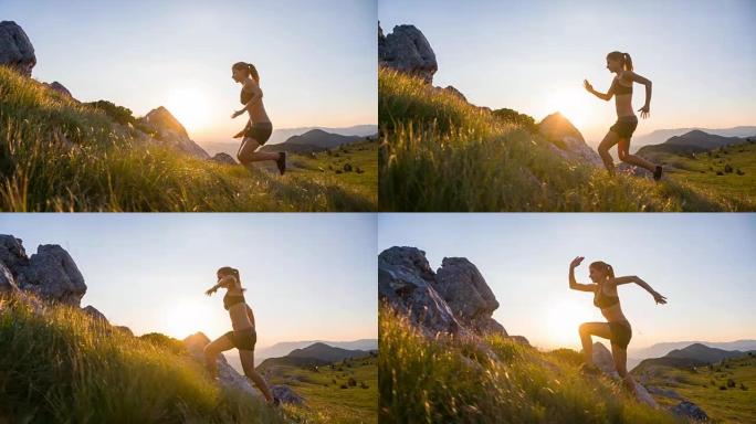 年轻女运动员在日落时上坡奔跑