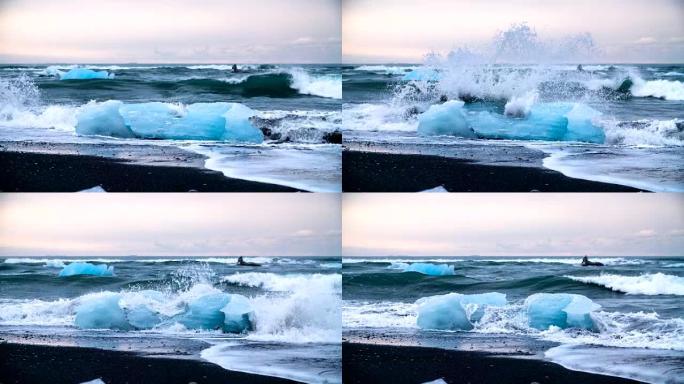 冰岛Jokulsarlon海滩的慢动作冰山