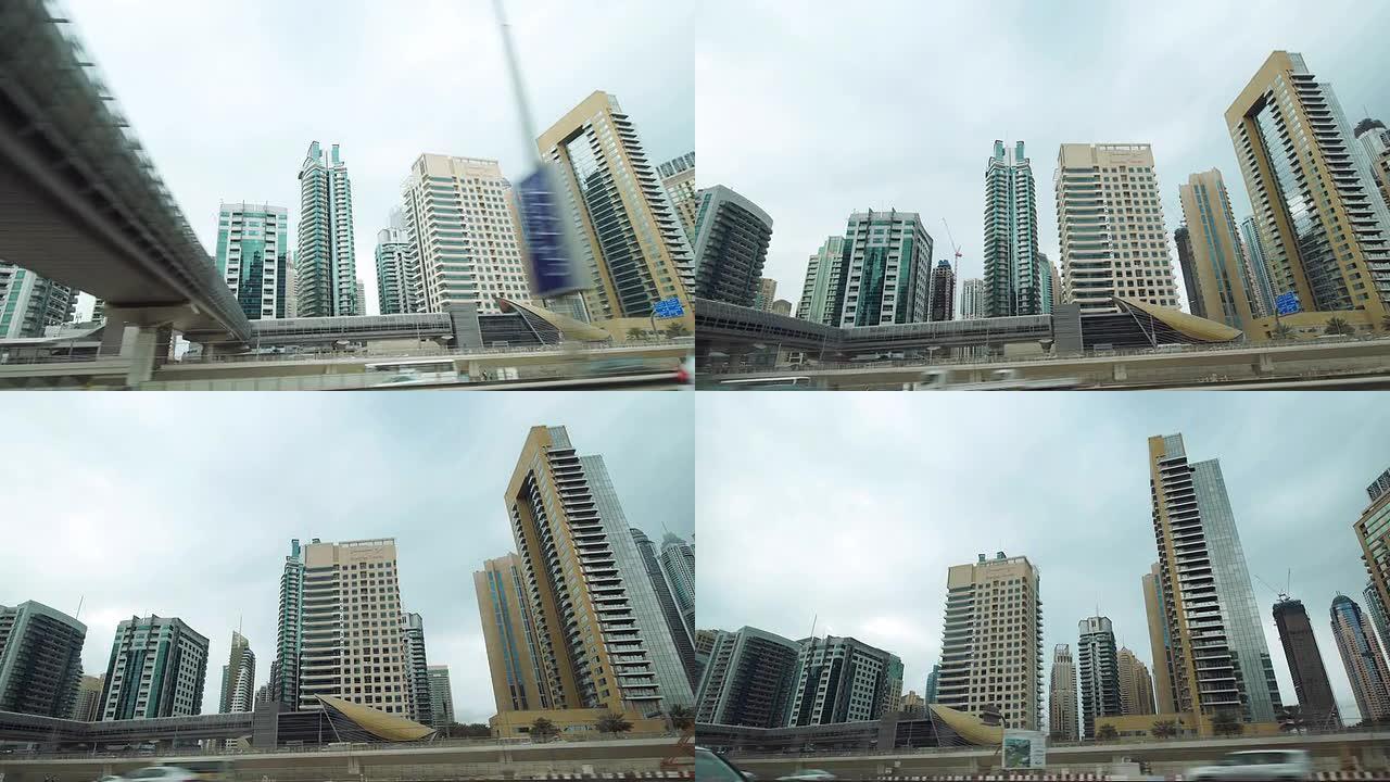 POV沿着迪拜摩天大楼行驶