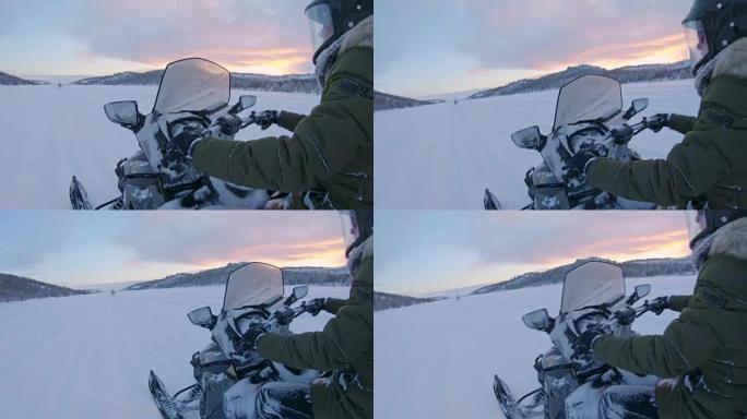 POV骑着雪地摩托穿过雪地