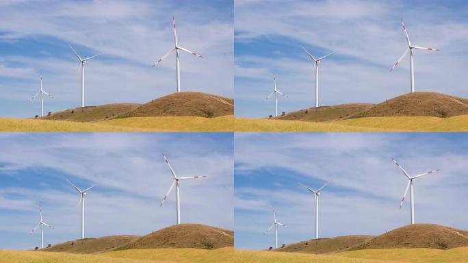 山上的风力涡轮机在风中转动