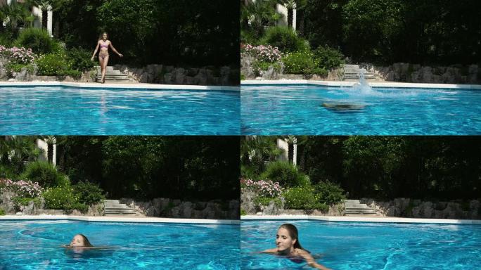 一名年轻女子跳进水池里的水里
