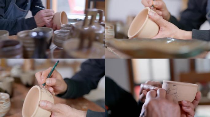 制陶匠人在陶器上刻花画花纹