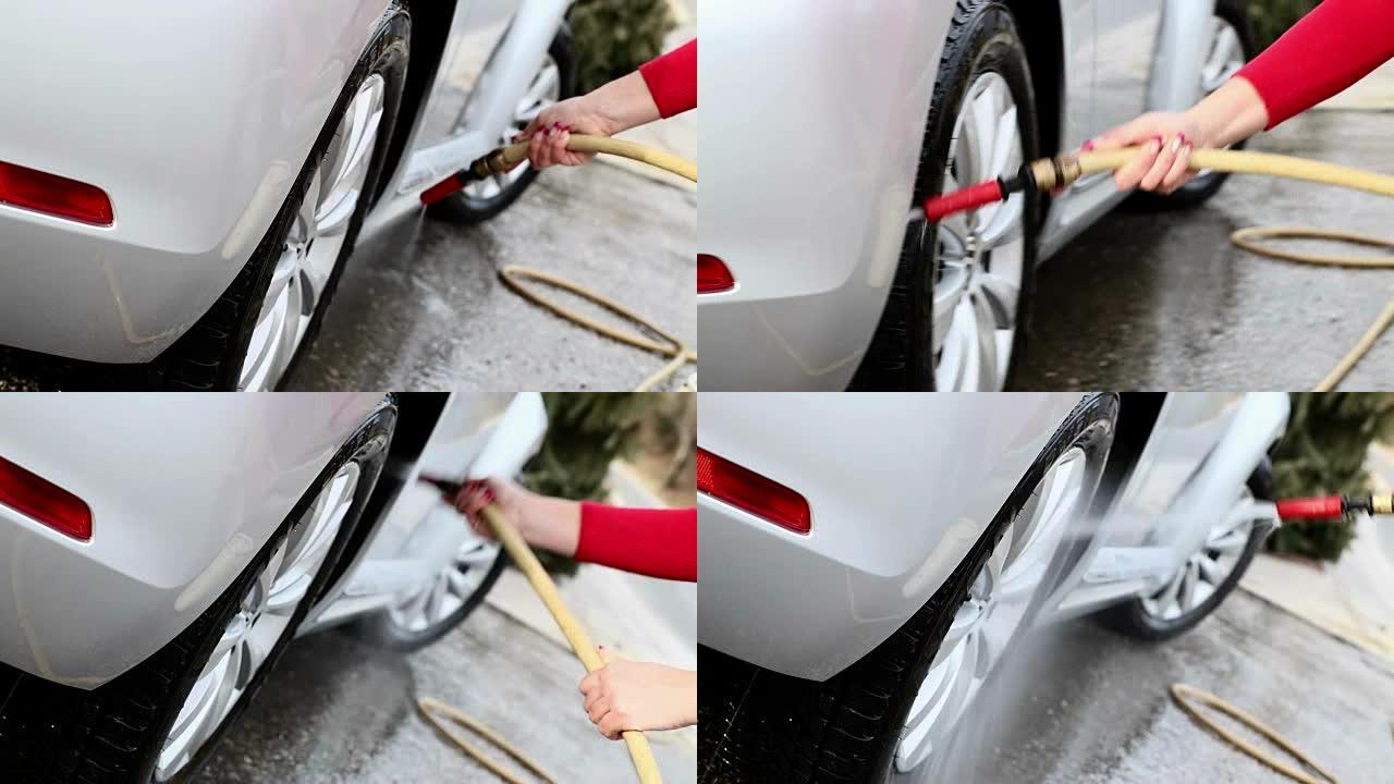 女士清洁她的汽车女士清洁她的汽车洗车