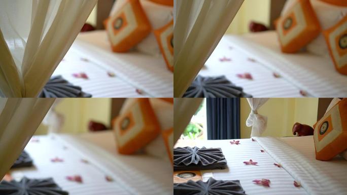 豪华酒店的卧室内部和带门廊的窗帘的慢动作FHD镜头视图，生活方式和装饰概念