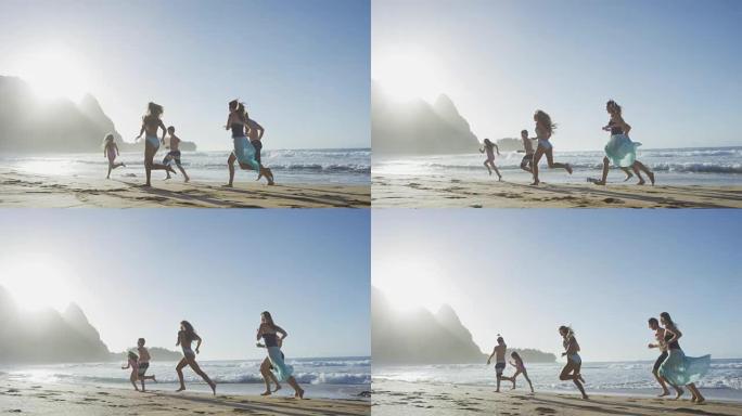 家庭在海滩上奔跑海边奔跑奔跑成功奔跑追逐