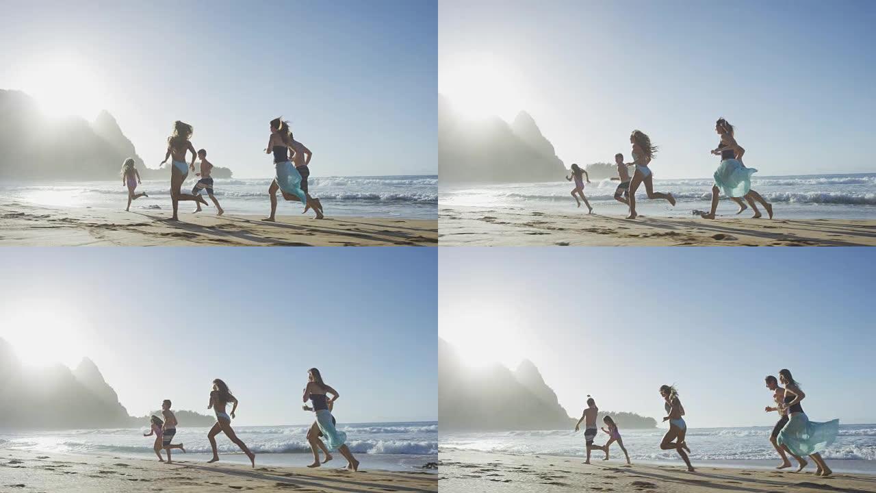 家庭在海滩上奔跑海边奔跑奔跑成功奔跑追逐