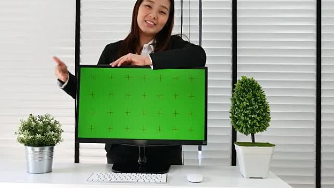 绿屏女商人演示电脑显示屏