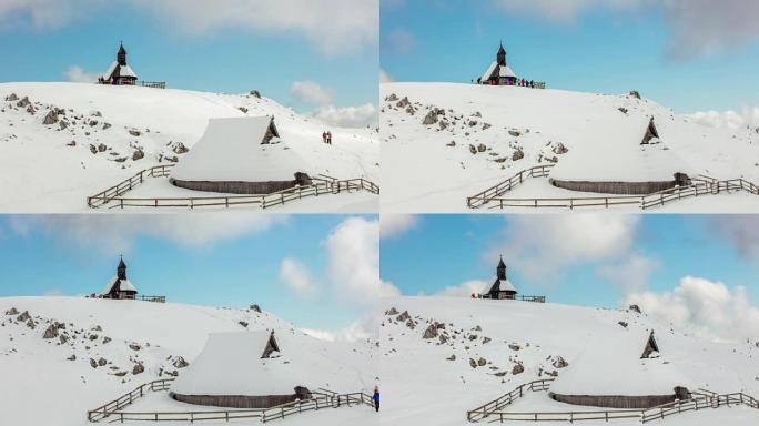 在Velika Planina教堂拍摄游客的T/L 8k照片