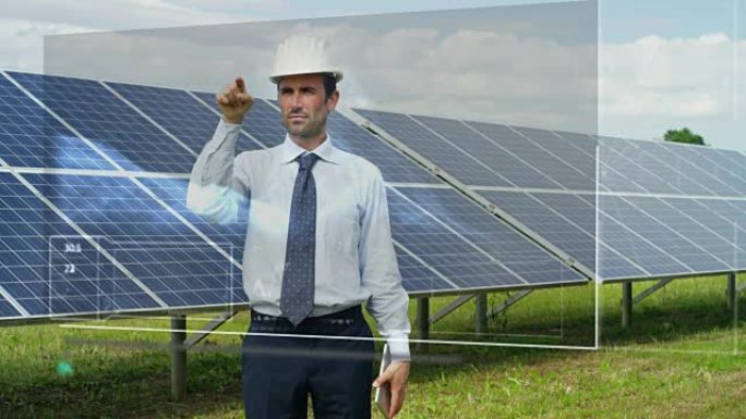未来主义的工程师-太阳能光伏电池板专家，使用带有远程控制的全息图，执行复杂的操作以使用清洁可再生能源