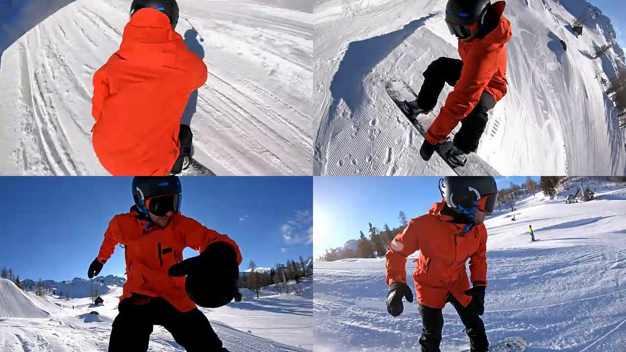 滑雪者在雪地公园表演技巧，跳跃和抓住滑雪板