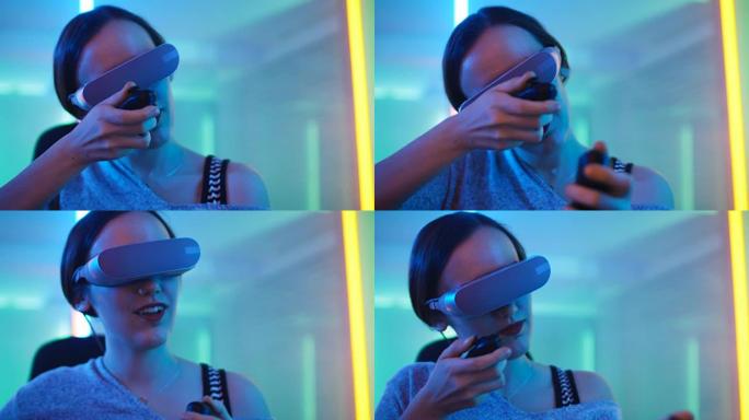 戴着虚拟现实耳机的职业玩家女孩玩带有操纵杆/控制器的在线视频游戏。房间里很酷的复古霓虹灯颜色。