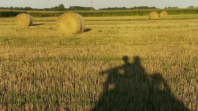 高清：情侣坐在干草捆上的影子