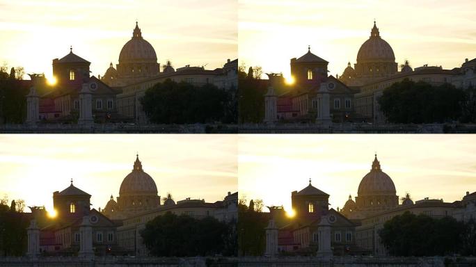 迷人的金色傍晚阳光照耀着历史悠久的圣彼得大教堂。