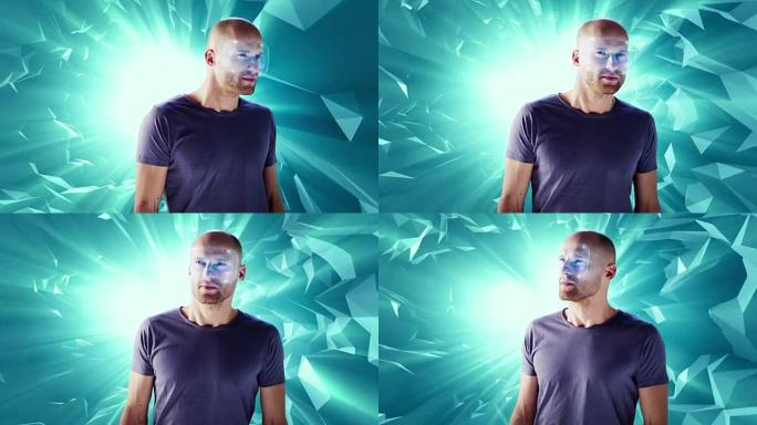 在数字隧道中戴着全息虚拟现实眼镜的人。探索虚拟现实
