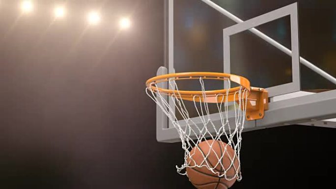 美丽的篮球球击中篮网慢动作特写镜头飞行。球飞旋转什么篮球圈黄金体育场聚光灯。运动概念3d动画