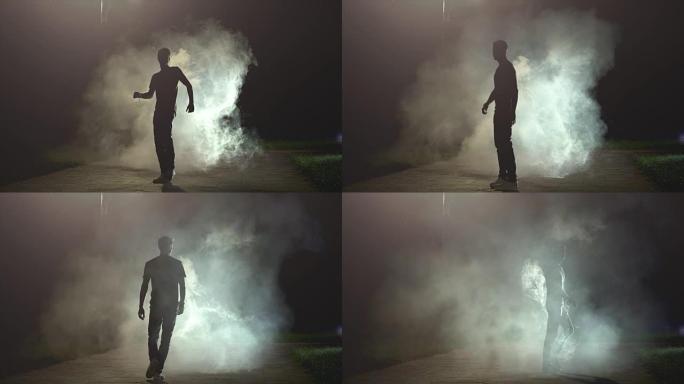 那个家伙在黑暗的慢动作背景下在烟雾中奔跑