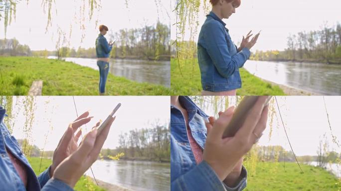 在河边使用智能手机的女人