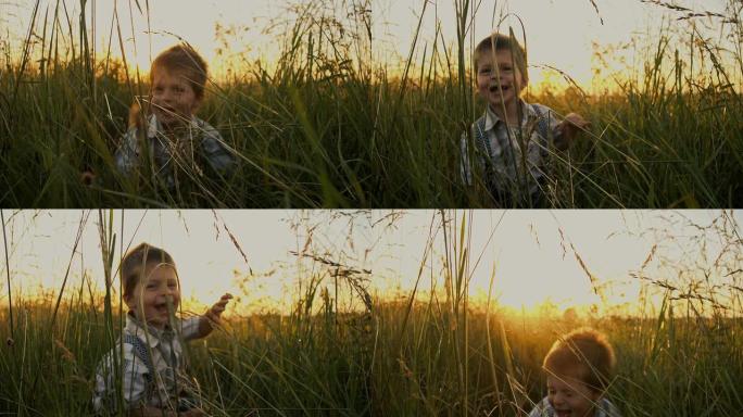 SLO MO可爱的小男孩在草地上玩得开心