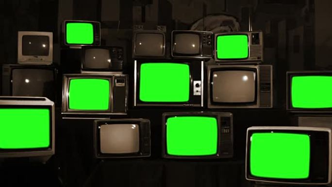 许多具有80年代绿屏棕褐色色调美学的电视