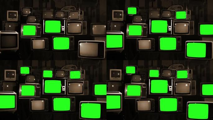 许多具有80年代绿屏棕褐色色调美学的电视
