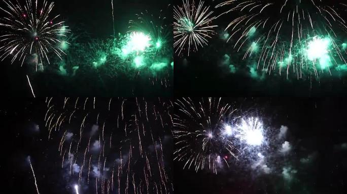 4k精彩的多色烟花镜头，夜空背景、庆典和节日概念