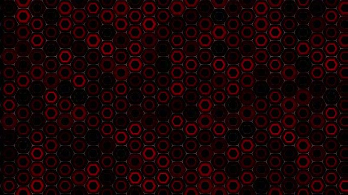 红色六边形网格粒子的4k剪辑，具有光辉光效果运动超过抽象六边形背景动画，技术与创新概念