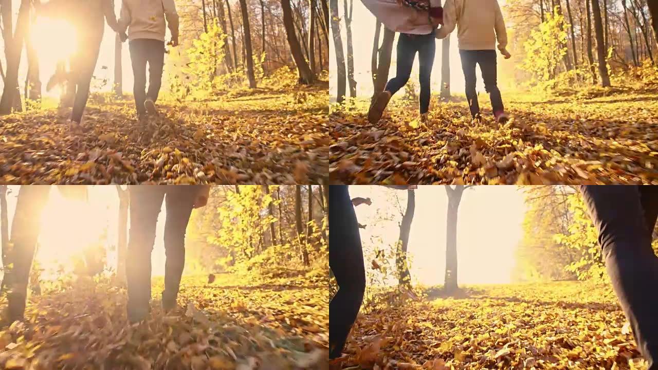 SLO MO夫妇在秋天的森林中奔跑