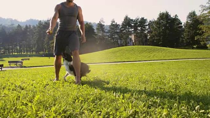 SLO MO Man和他的狗在公园里玩耍