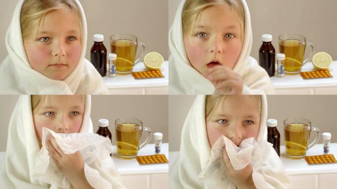 生病的孩子外国人小孩儿童感冒咳嗽