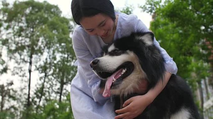 快乐的年轻亚洲女人抱着她的狗阿拉斯加雪橇犬户外，4k