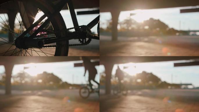 BMX自行车手在城市地方四处行驶