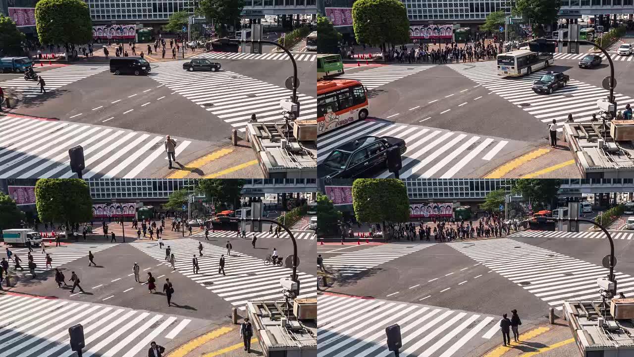涩谷路口行人过街三叉路口延时拍摄人来人往