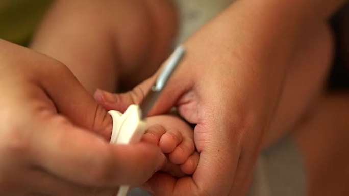 母亲用不锈钢指甲钳切割婴儿的脚趾甲。特写白色背景，选择性聚焦，医疗保健概念。