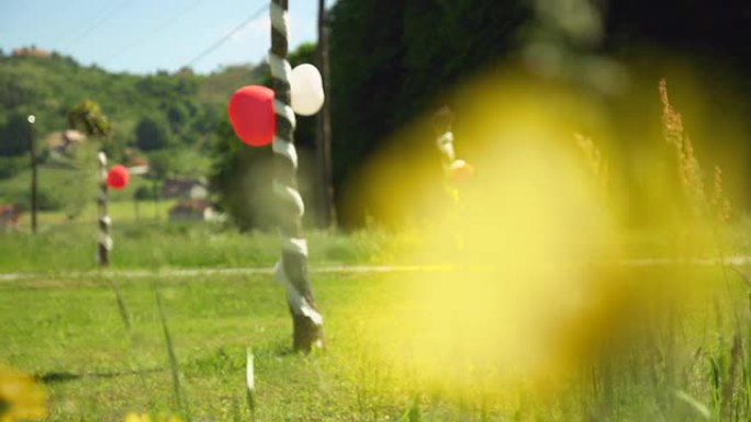 高清：气球和花朵婚庆摆设小黄花