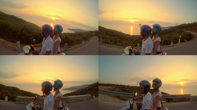 POV欣喜若狂的夫妇在日落时骑着踏板车