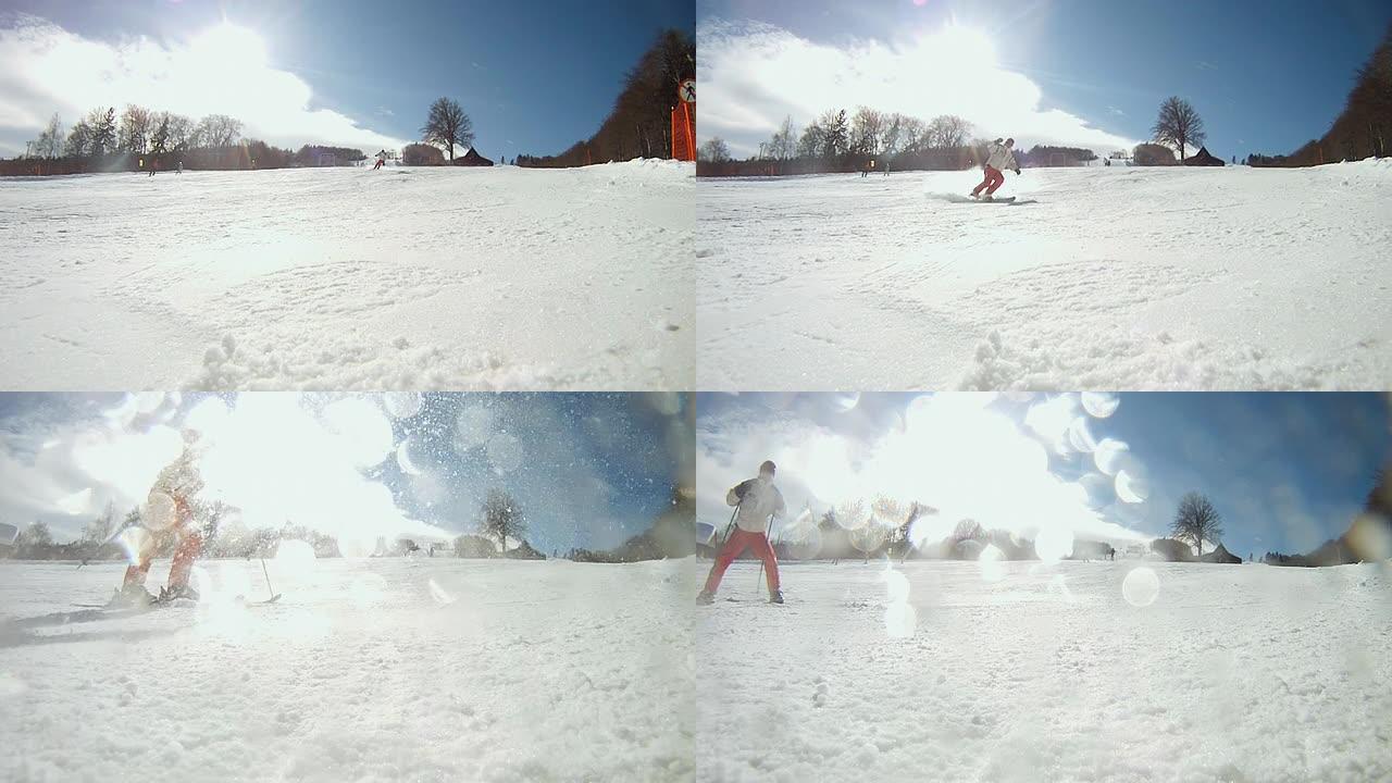 高清慢速运动：滑雪板雕刻和喷雪