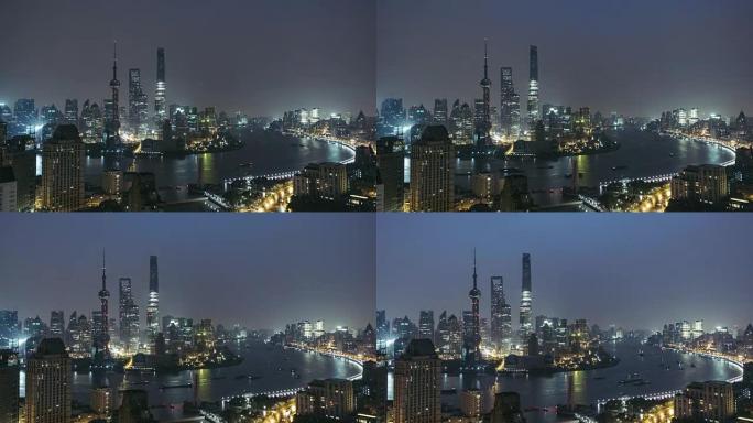 T/L WS HA ZI上海天际线高角度视图，夜向黎明过渡/中国上海