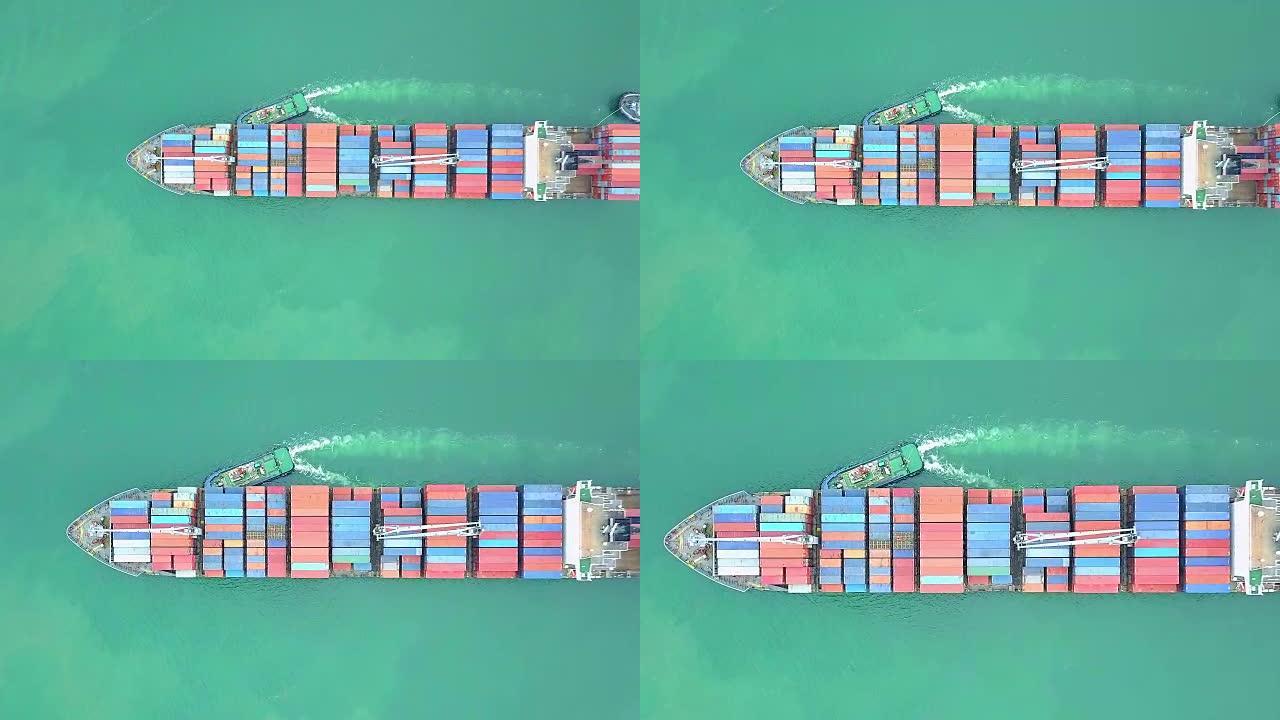 鸟瞰图俯视图集装箱船或货船及货运进出口