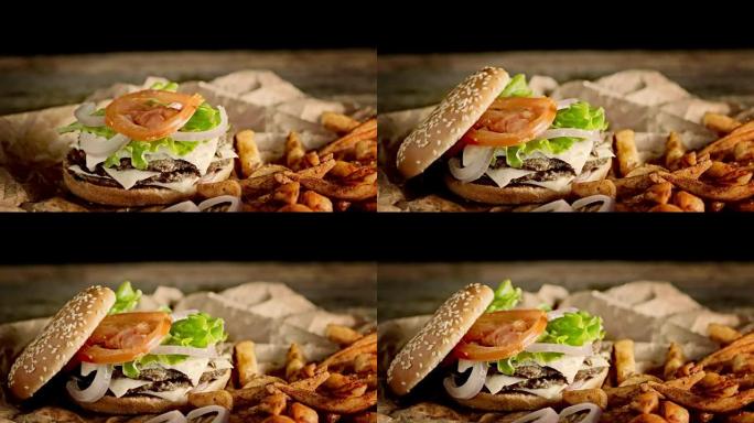 SLO MO DS准备美味的双汉堡和脆皮土豆楔子