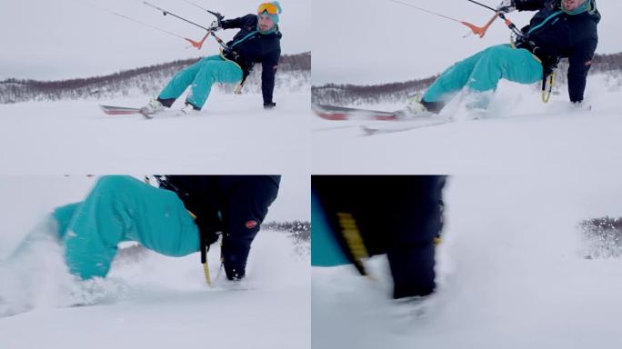 SLO MO风筝冲浪者在雪地上冲浪